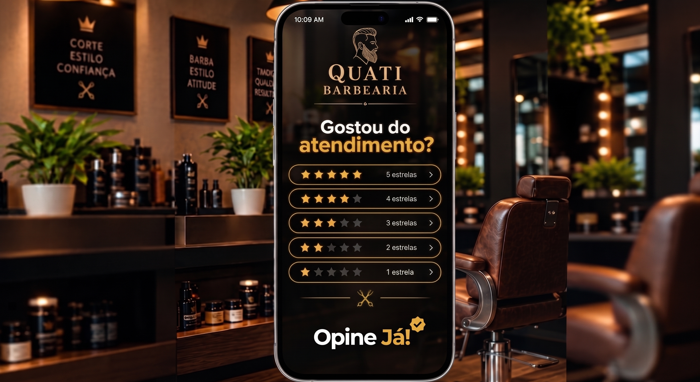 Opine Já! — tela de avaliação da Quati Barbearia no celular com ambiente da barbearia ao fundo
