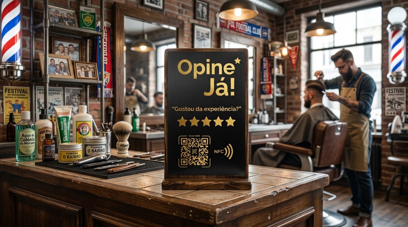Placa Opine Já na bancada da barbearia Quati
