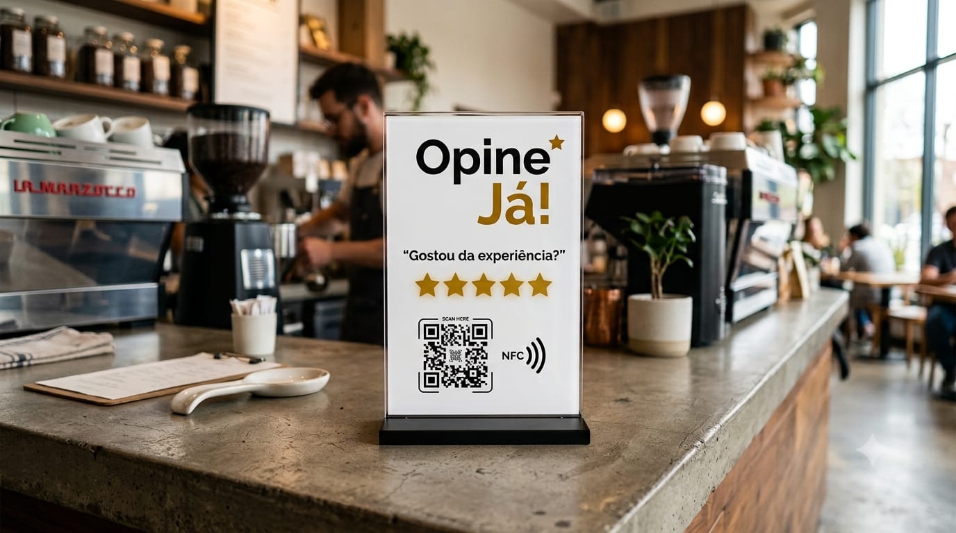 Placa Opine Já no caixa de cafeteria
