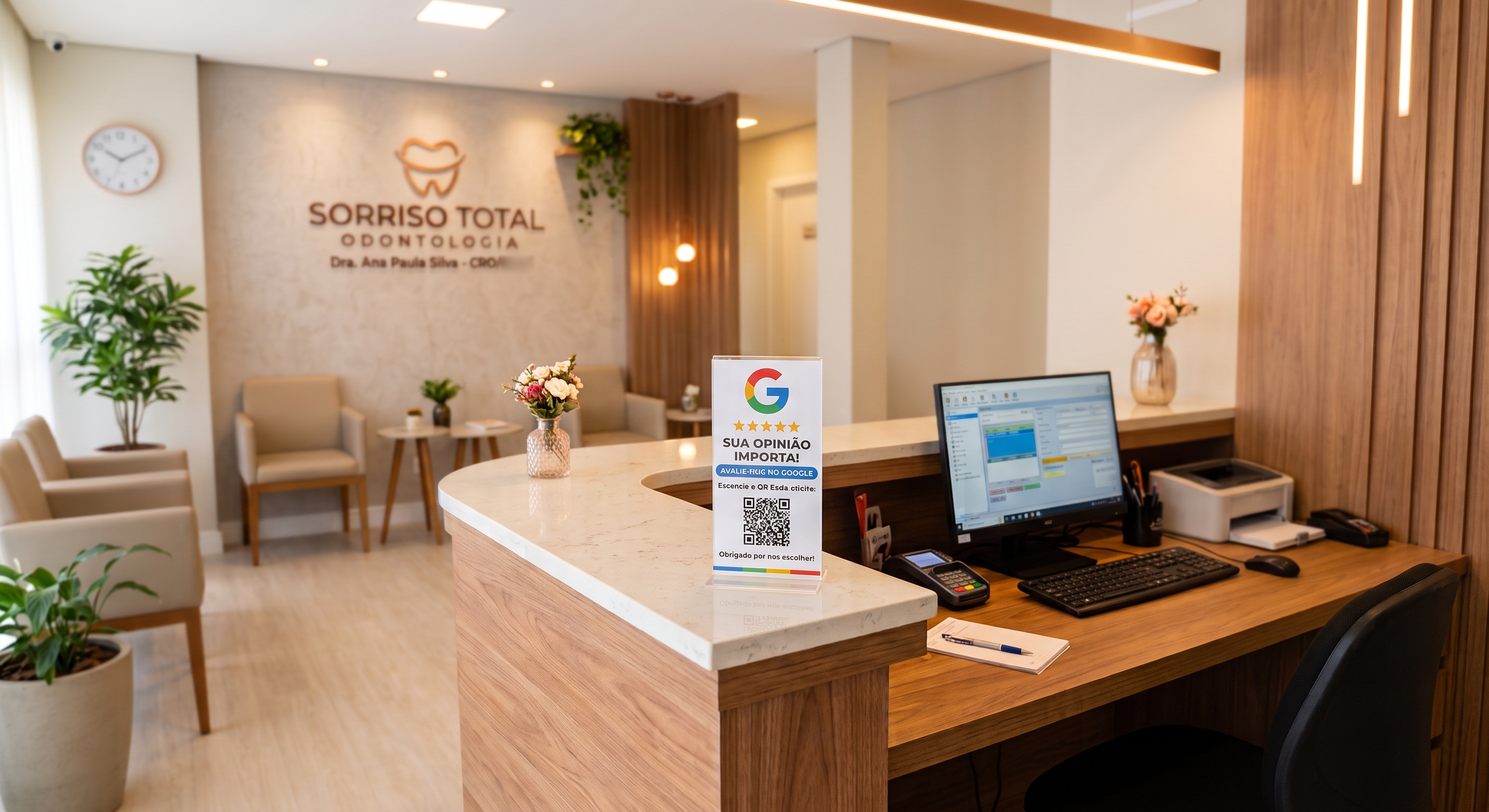 Placa Opine Já na recepção da clínica Sorriso Total Odontologia